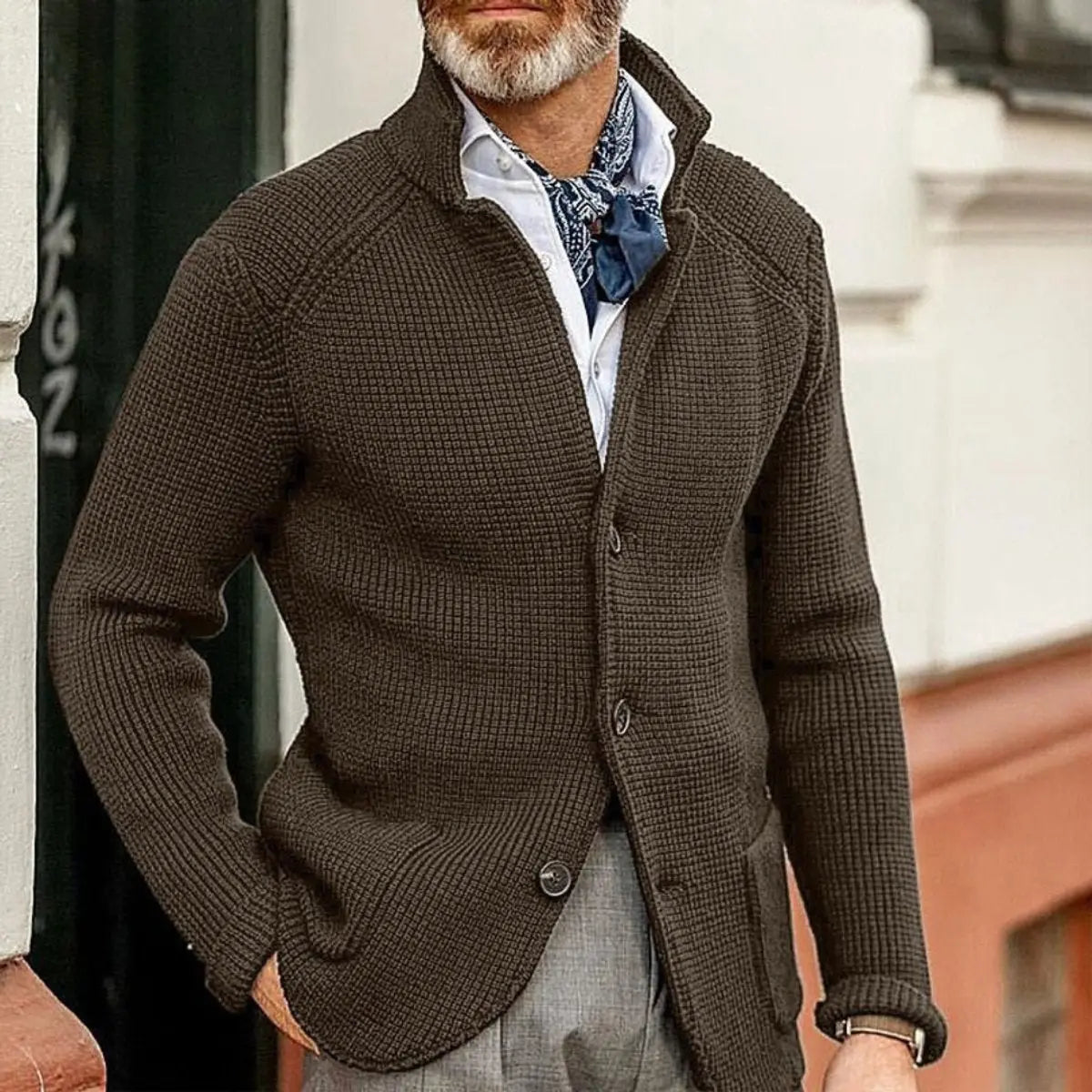 Mens Waffle-Knit Button-Up Cardigan Relaxed Fit Jumper