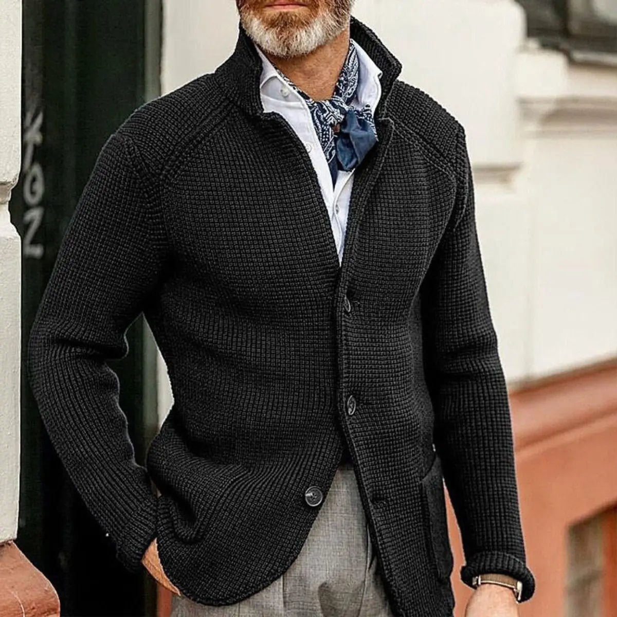 Mens Waffle-Knit Button-Up Cardigan Relaxed Fit Jumper