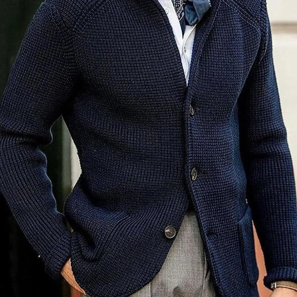Mens Waffle-Knit Button-Up Cardigan Relaxed Fit Jumper