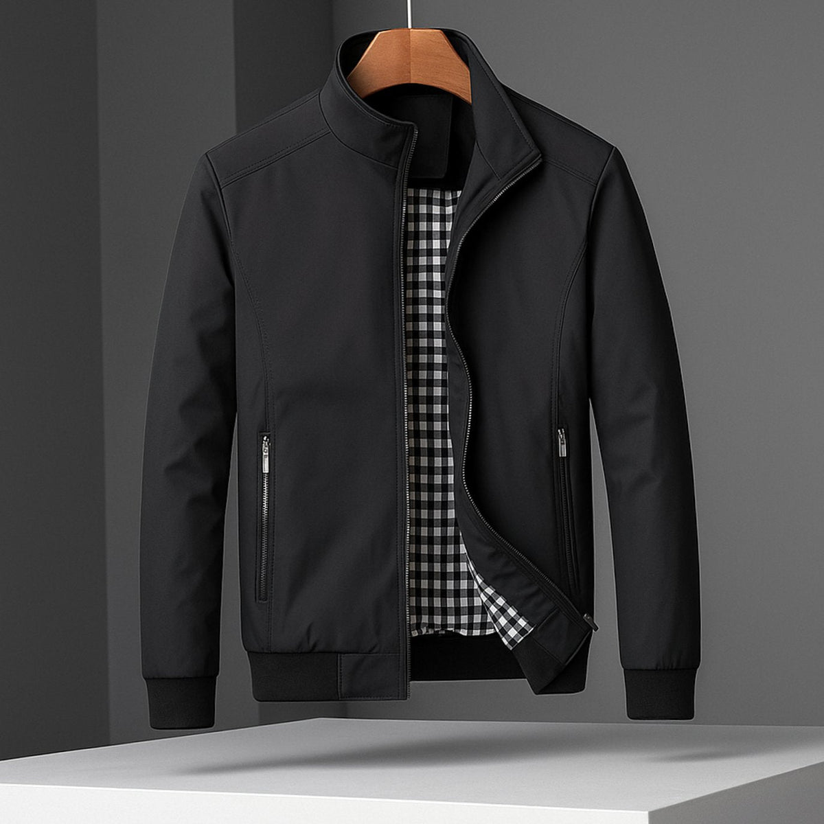 Men's Weather-Resistant Zip-Up Bomber Jacket Checked Lining
