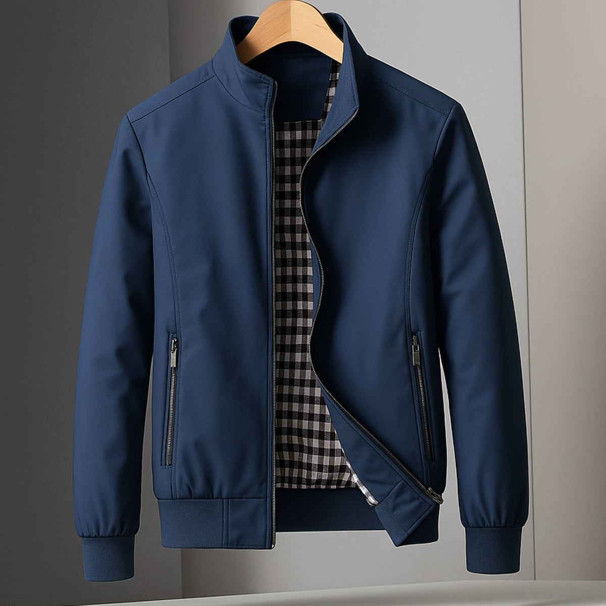 Men's Weather-Resistant Zip-Up Bomber Jacket Checked Lining