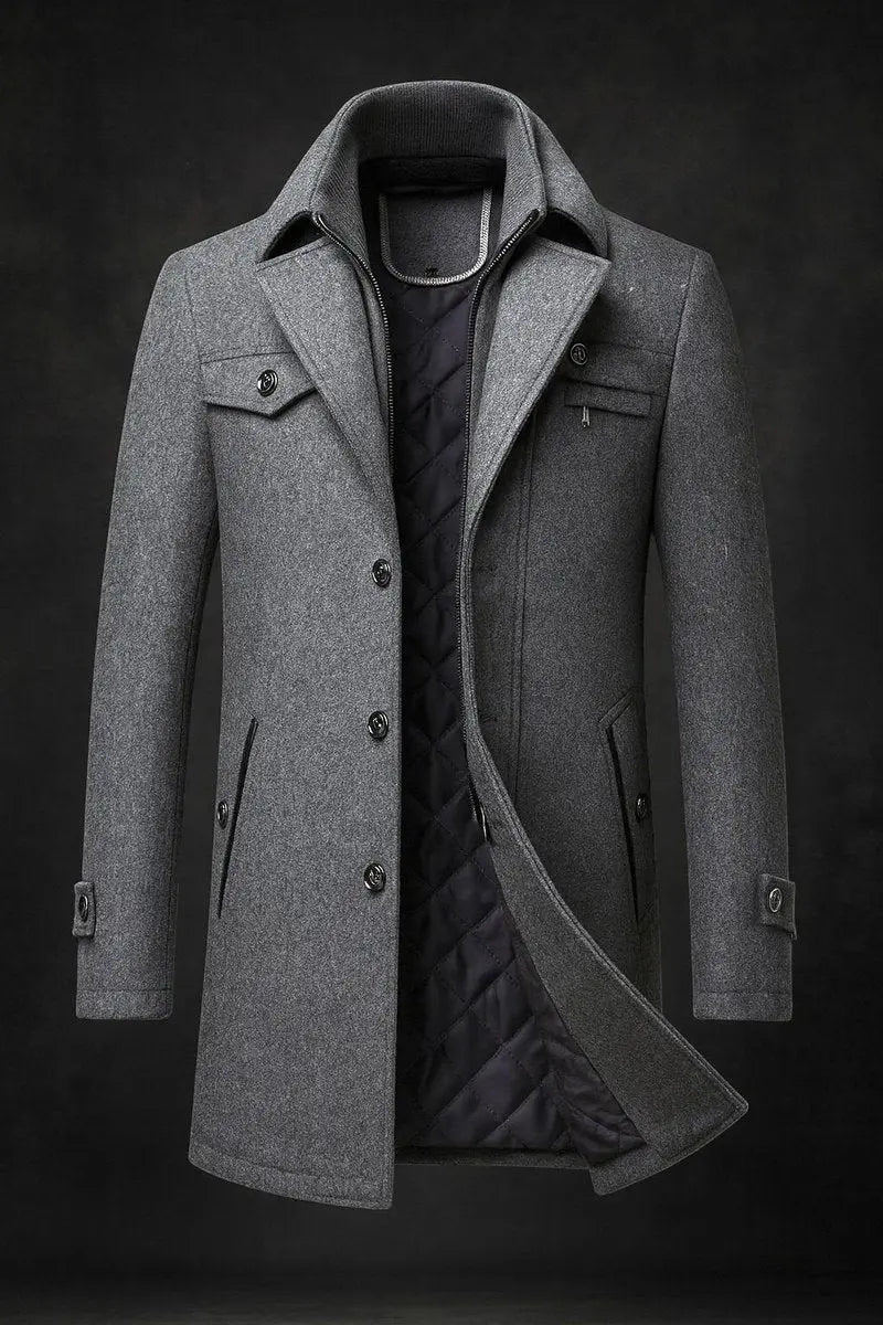 Men's Wool Coat Double-Collar Quilted-Lined Overcoat