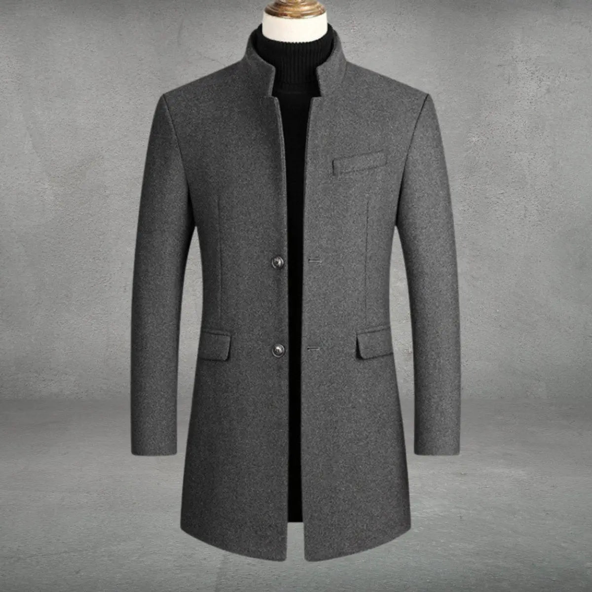 Mens Wool Coat Slim-Fit Tailored Overcoat Standing Collar