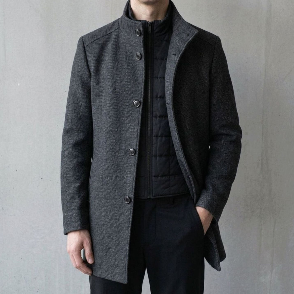 Men's Wool Insulated Button-Up Overcoat Stand Collar