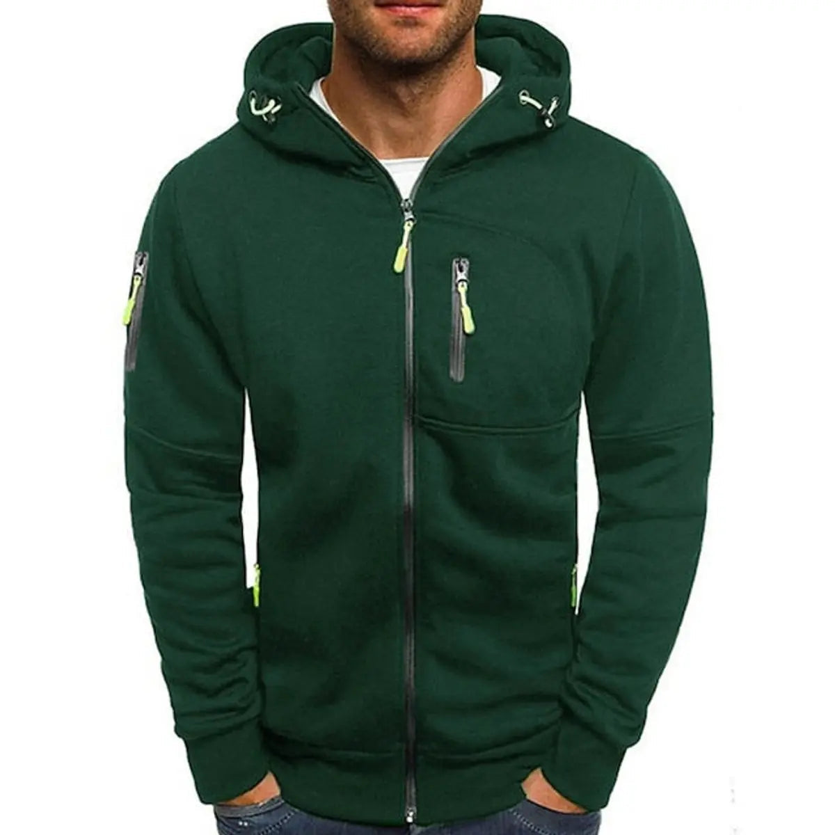 Mens Zip-Up Hooded Knit Sweater Fleece Hoodie Multi-Pocket