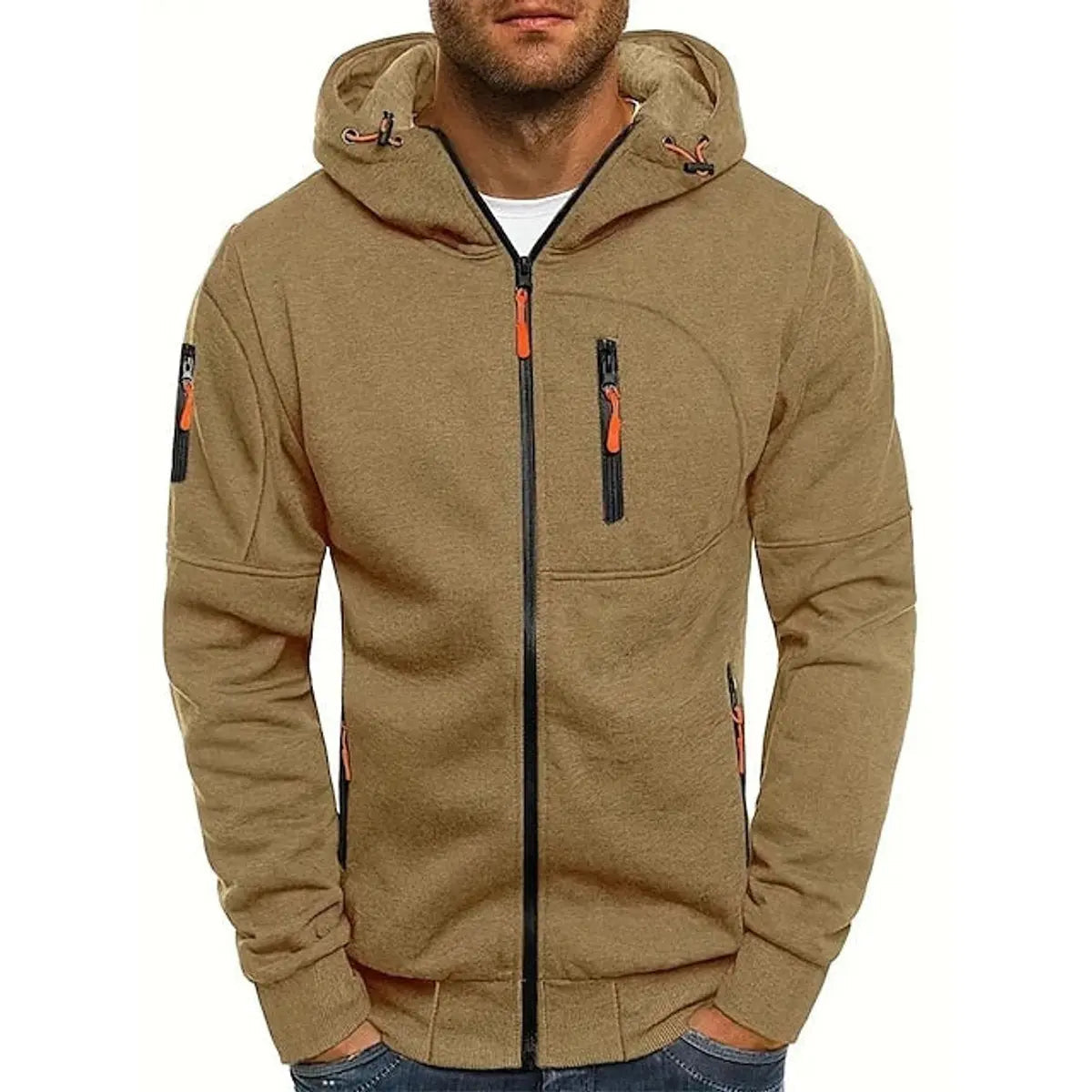 Mens Zip-Up Hooded Knit Sweater Fleece Hoodie Multi-Pocket