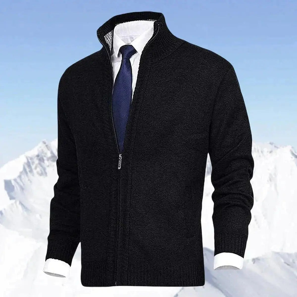 Men's Zip-Up Knit Fleece-Lined Mens Cardigan Jumper Stand Collar