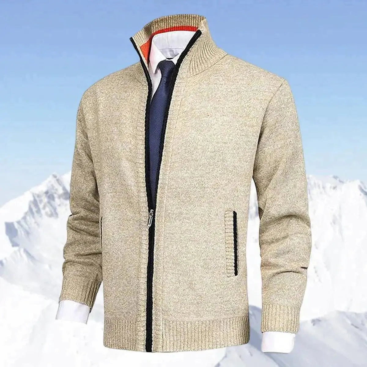 Men's Zip-Up Knit Fleece-Lined Mens Cardigan Jumper Stand Collar