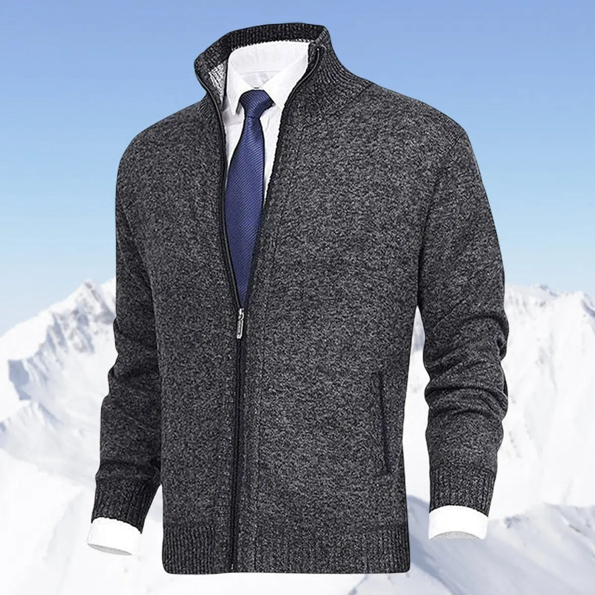 Men's Zip-Up Knit Fleece-Lined Mens Cardigan Jumper Stand Collar