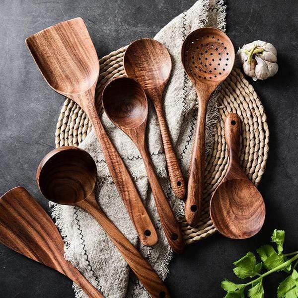 Rustic Natural Wood Heat Resistant Kitchen Utensil Set