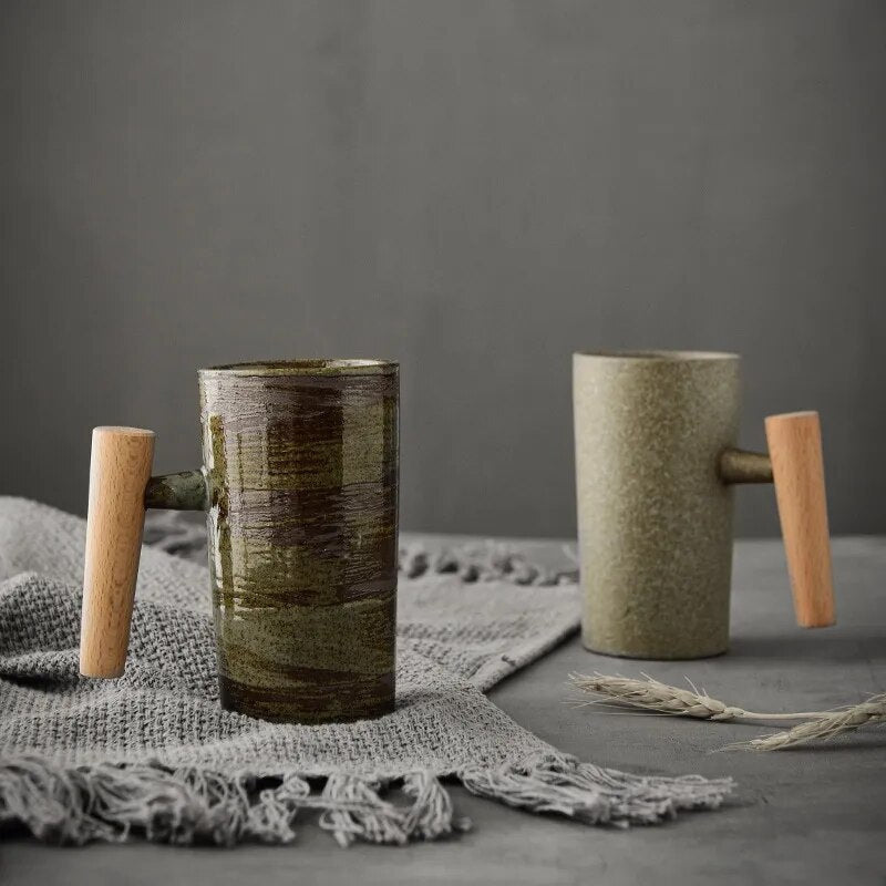 Nordic Earthy Ceramic Wood Handle Latte Coffee Mug