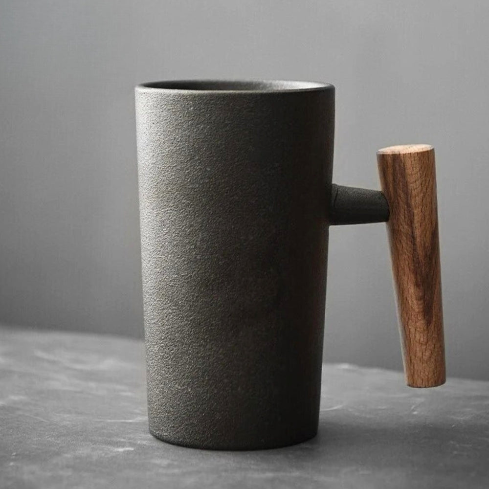 Nordic Earthy Ceramic Wood Handle Latte Coffee Mug