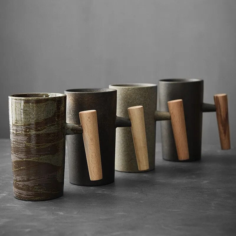 Nordic Earthy Ceramic Wood Handle Latte Coffee Mug