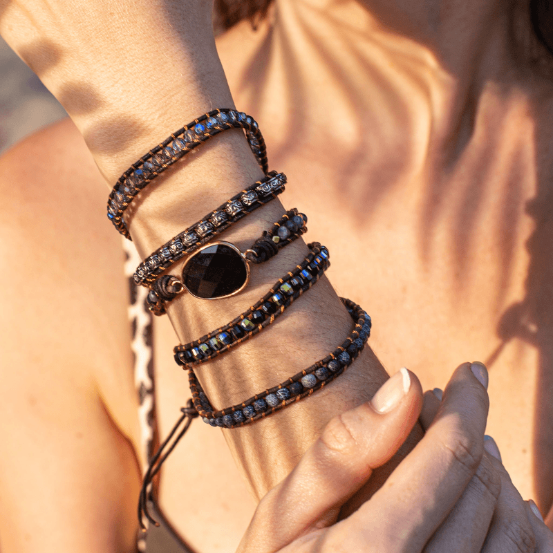 Handcrafted Onyx Quartz Stone Adjustable Leather Wrap Bracelet