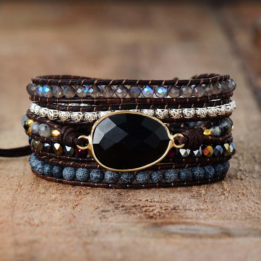 Handcrafted Onyx Quartz Stone Adjustable Leather Wrap Bracelet