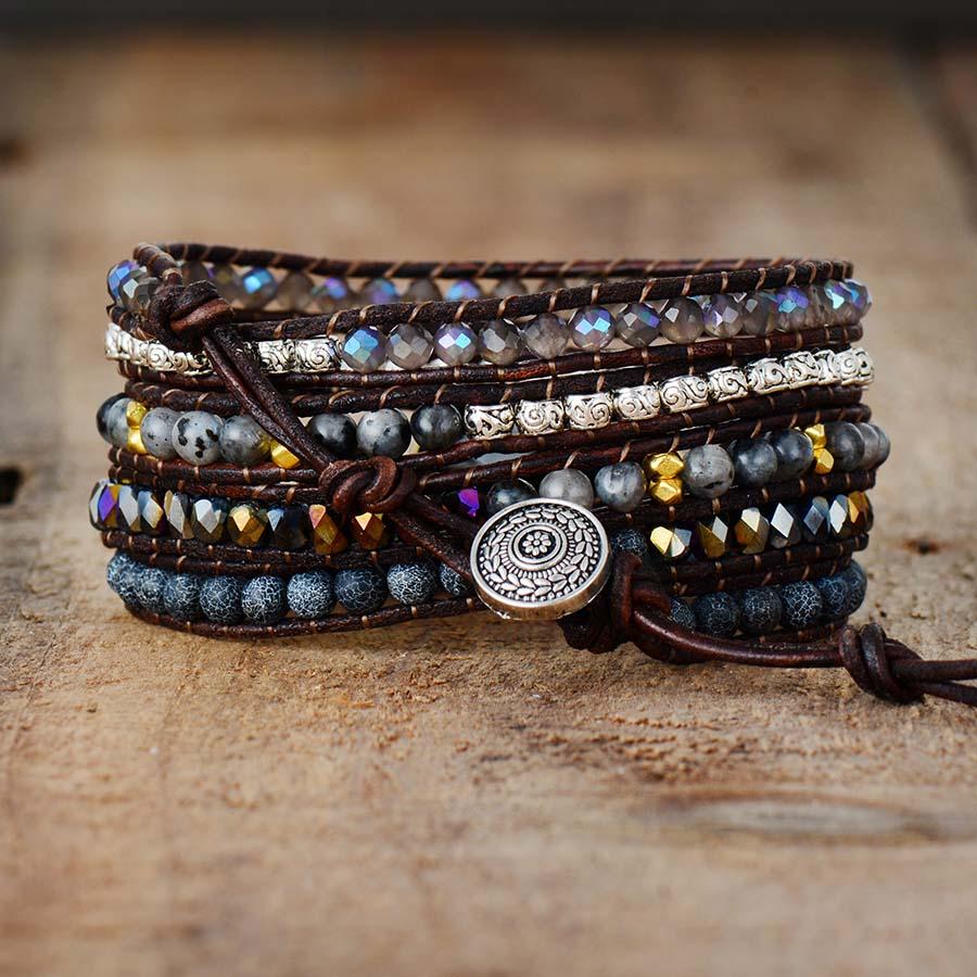 Handcrafted Onyx Quartz Stone Adjustable Leather Wrap Bracelet