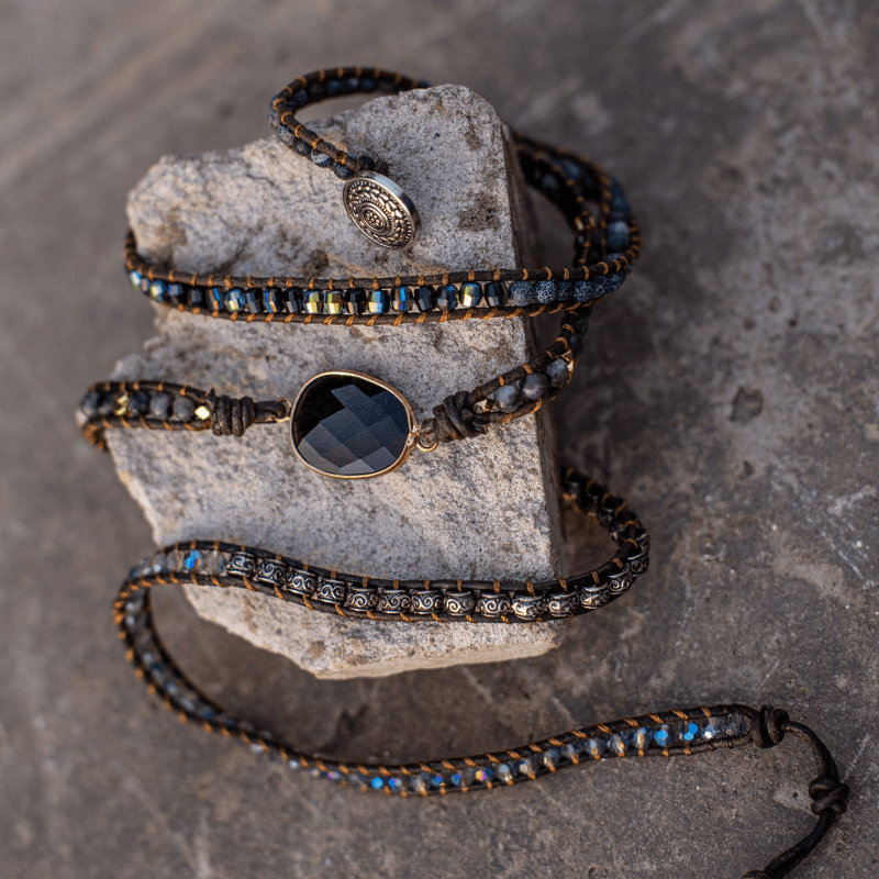 Handcrafted Onyx Quartz Stone Adjustable Leather Wrap Bracelet