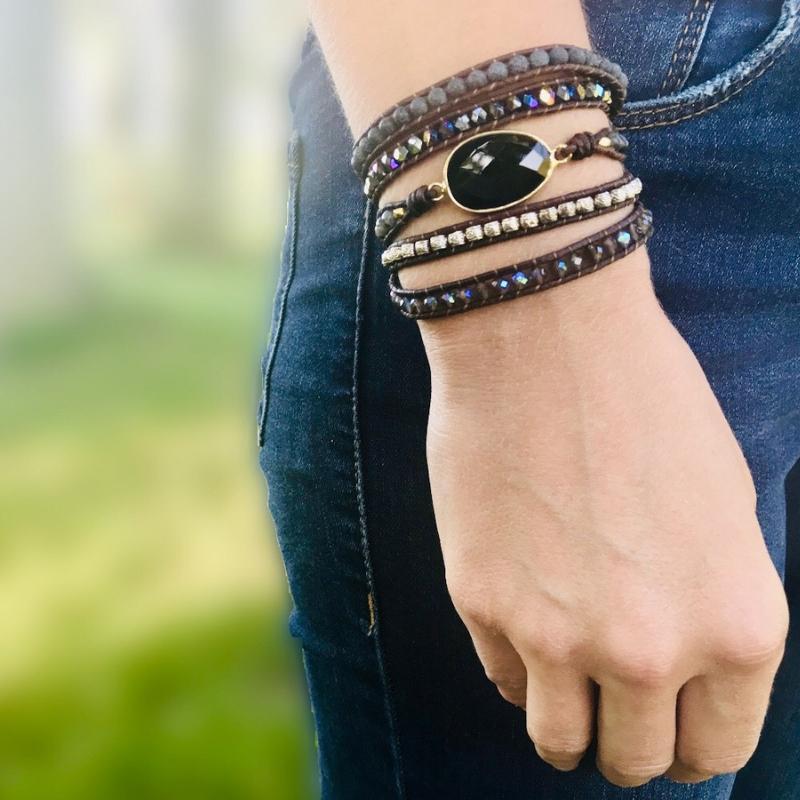 Handcrafted Onyx Quartz Stone Adjustable Leather Wrap Bracelet
