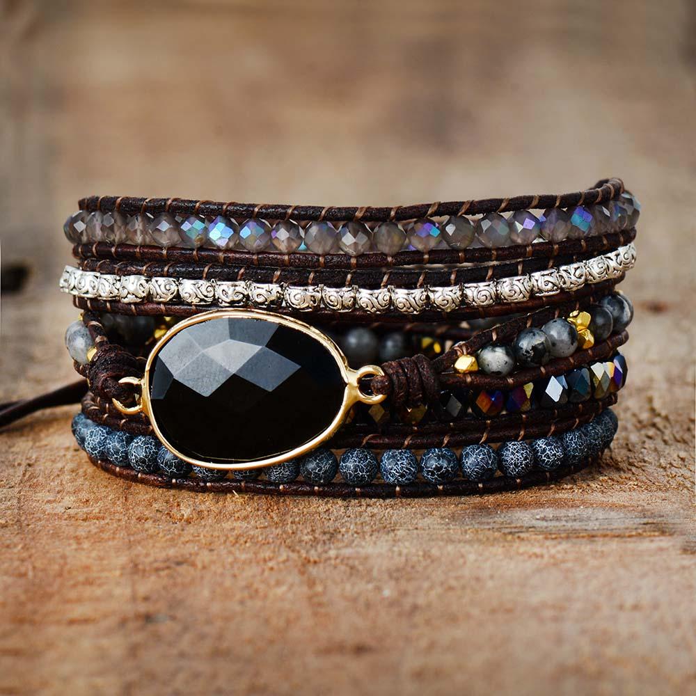 Handcrafted Onyx Quartz Stone Adjustable Leather Wrap Bracelet
