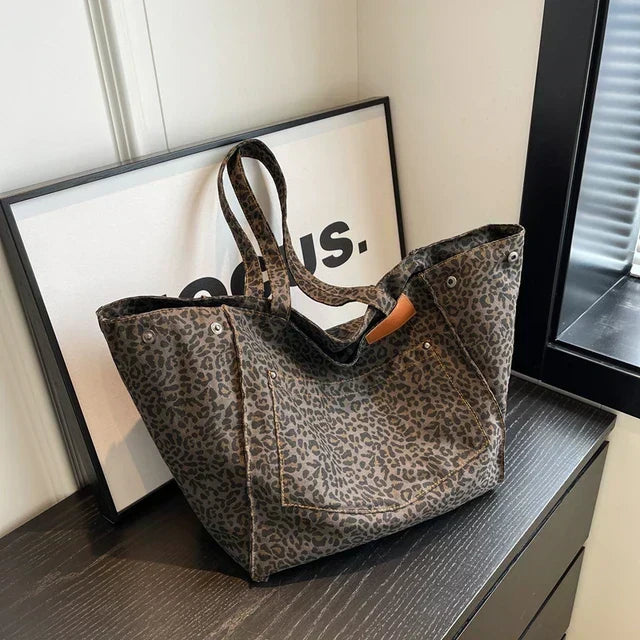 Oversized Canvas Leopard Print Spacious Shoulder Tote Bag