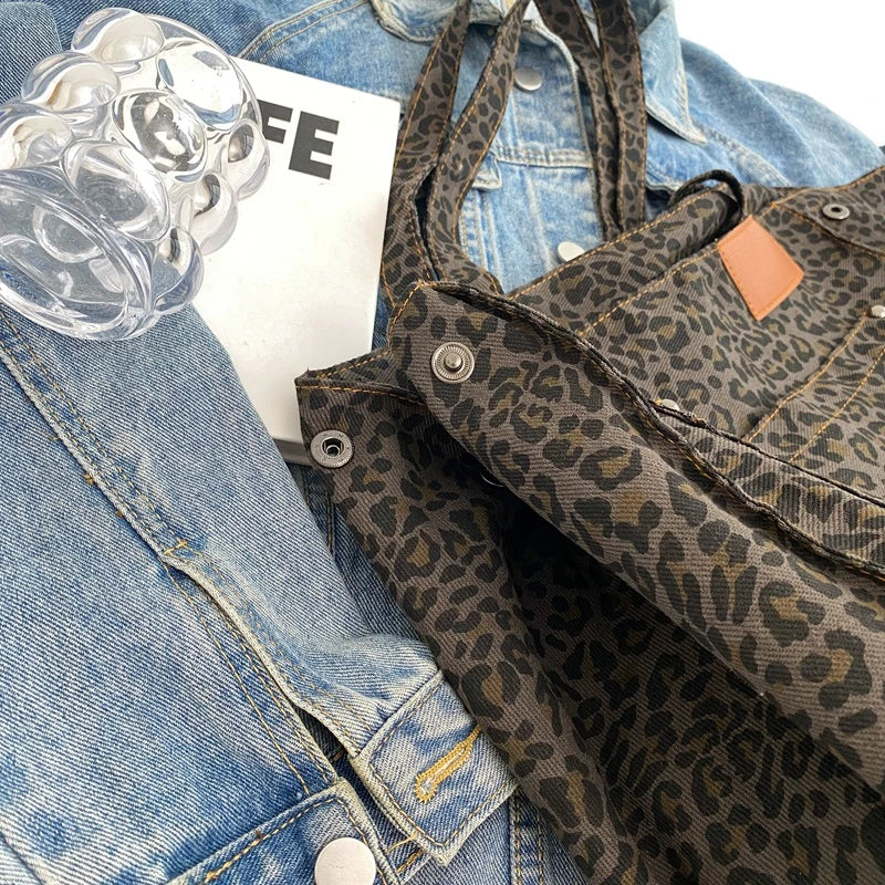 Oversized Canvas Leopard Print Spacious Shoulder Tote Bag