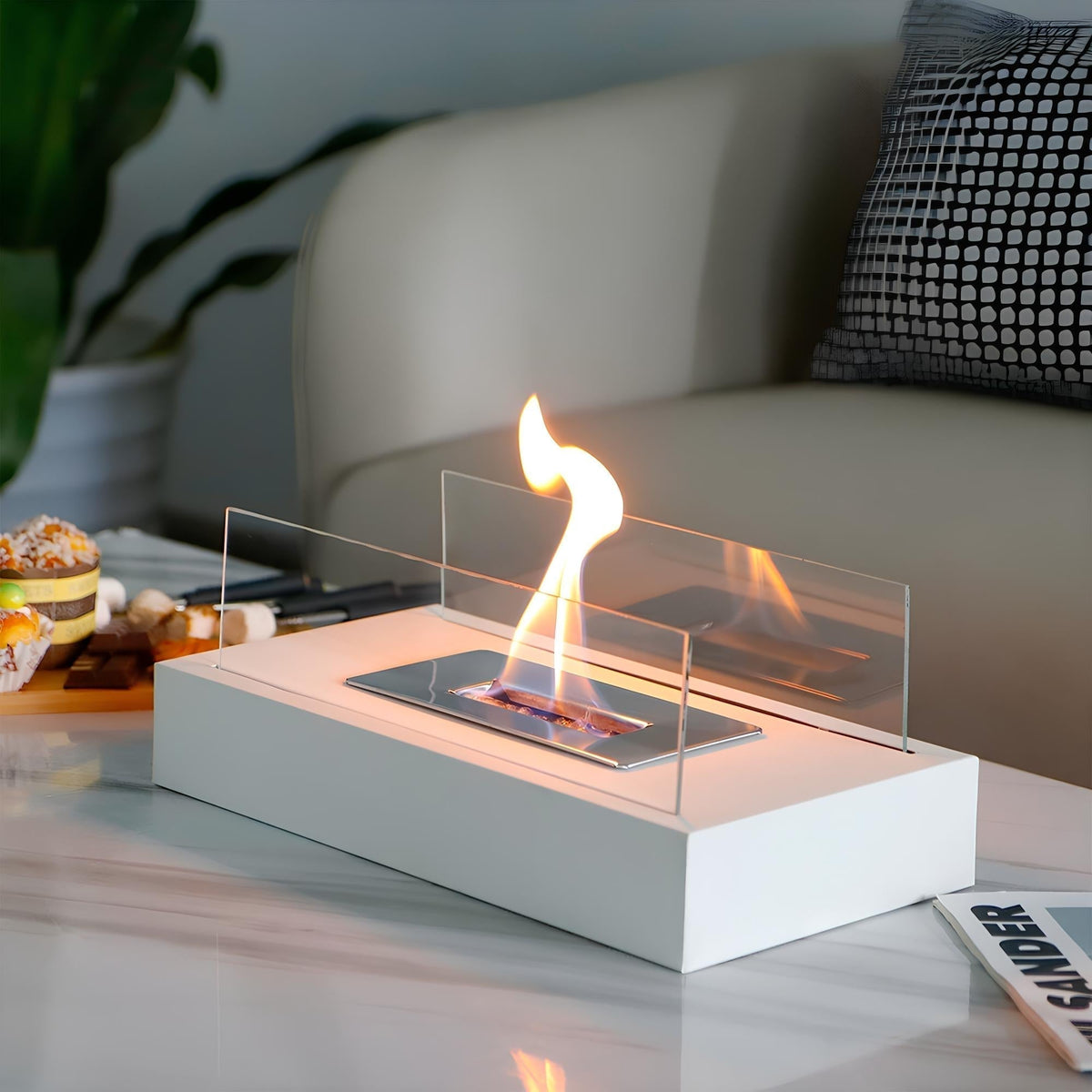 Rectangular Glass Wall Metal Base Portable Tabletop Fireplace Table Lamp