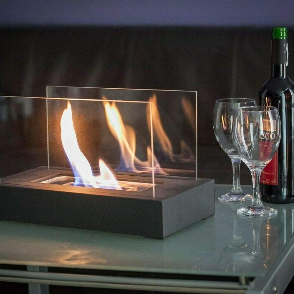 Rectangular Glass Wall Metal Base Portable Tabletop Fireplace Table Lamp