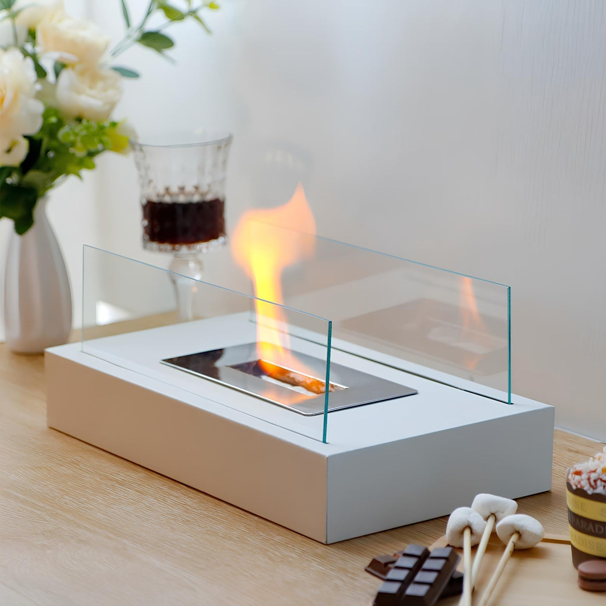 Rectangular Glass Wall Metal Base Portable Tabletop Fireplace Table Lamp