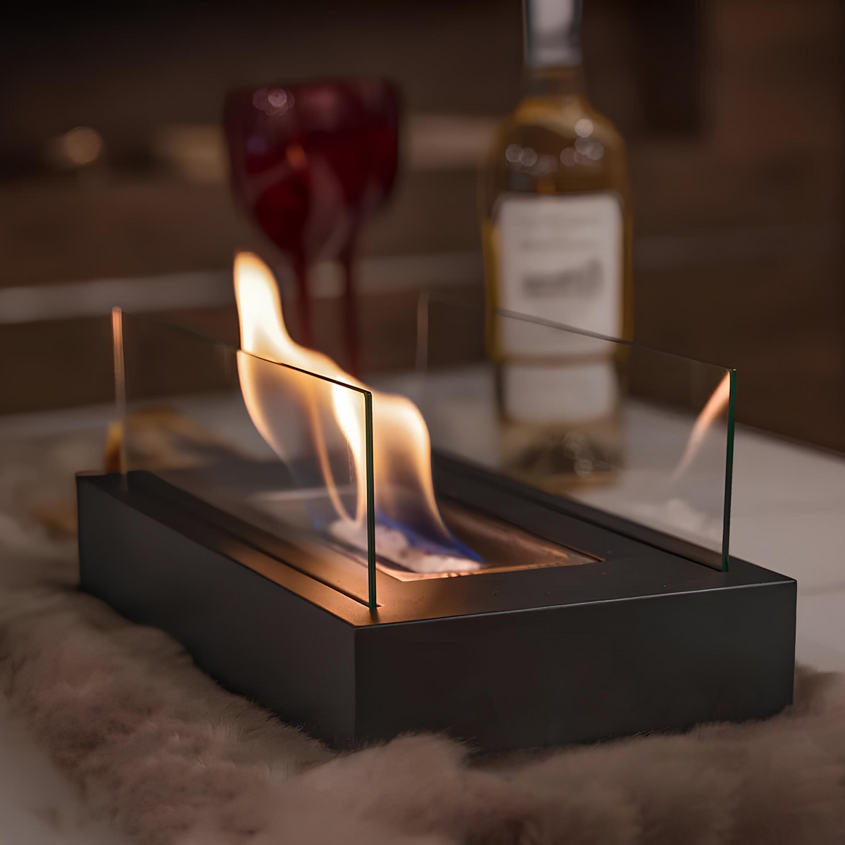 Rectangular Glass Wall Metal Base Portable Tabletop Fireplace Table Lamp