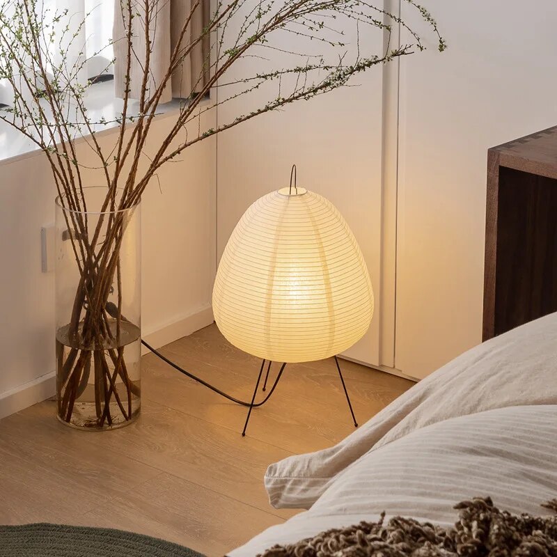Minimalist Zen Japanese Rice Paper Tripod Table Lamp with Ambient Lighting