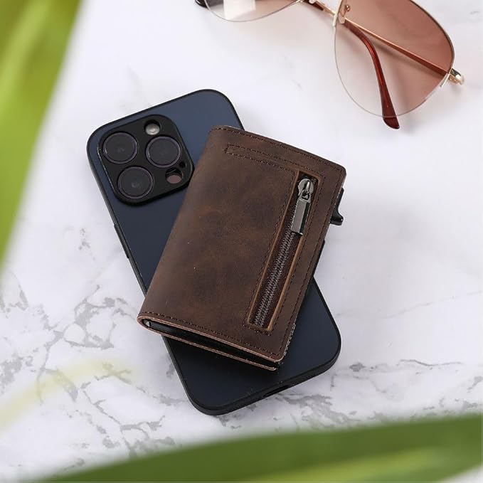 Slim Leather Aluminum Push-Button Card Slide RFID-Blocking Wallet