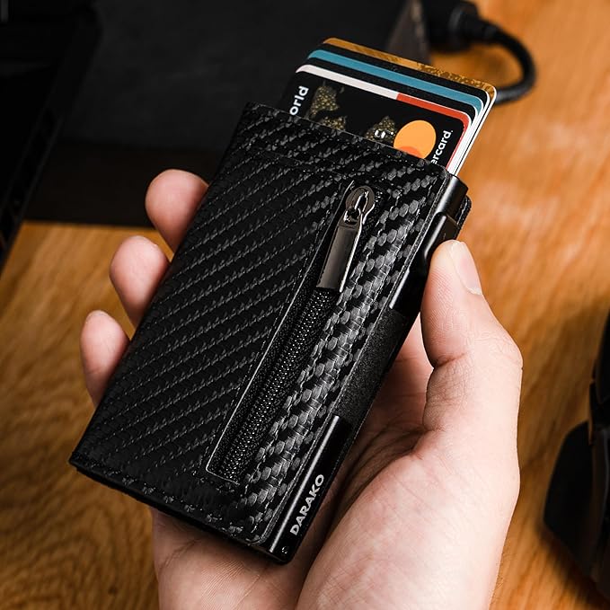 Slim Leather Aluminum Push-Button Card Slide RFID-Blocking Wallet