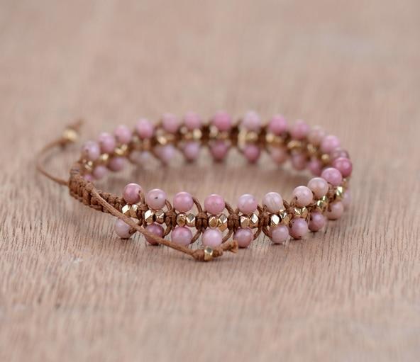 Handcrafted Rhodonite Beaded Heart Chakra Adjustable Wrist Bracelet