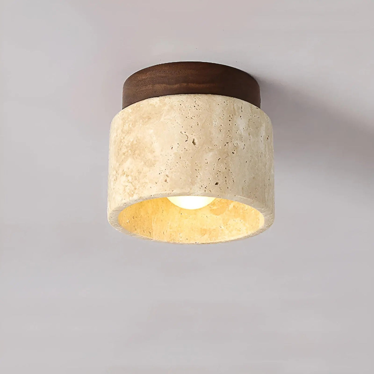 Rustic Wabi-Sabi Travertine And Wood Ceiling Light