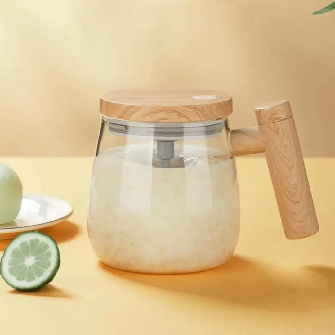 Automatic Self Stirring Glass Coffee Mug With Wooden Spill Proof Lid