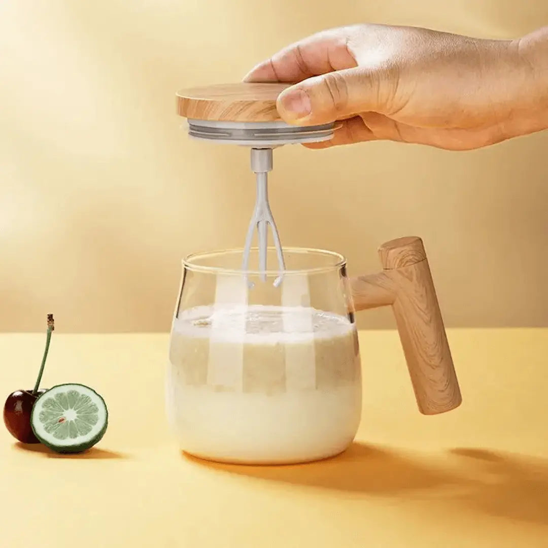 Automatic Self Stirring Glass Coffee Mug With Wooden Spill Proof Lid
