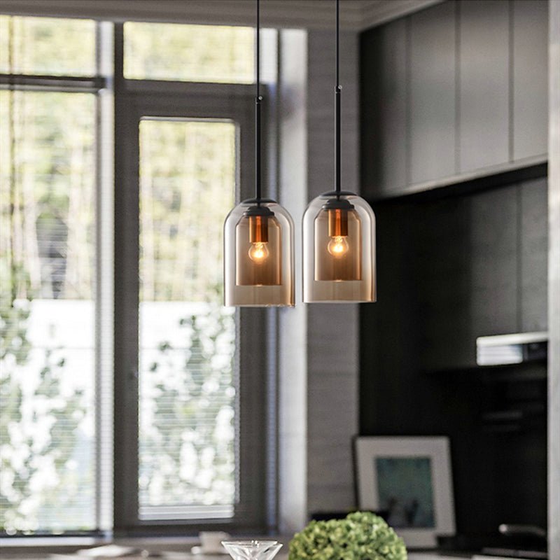Mid-Century Double Glass Shade Iron Pendant Light