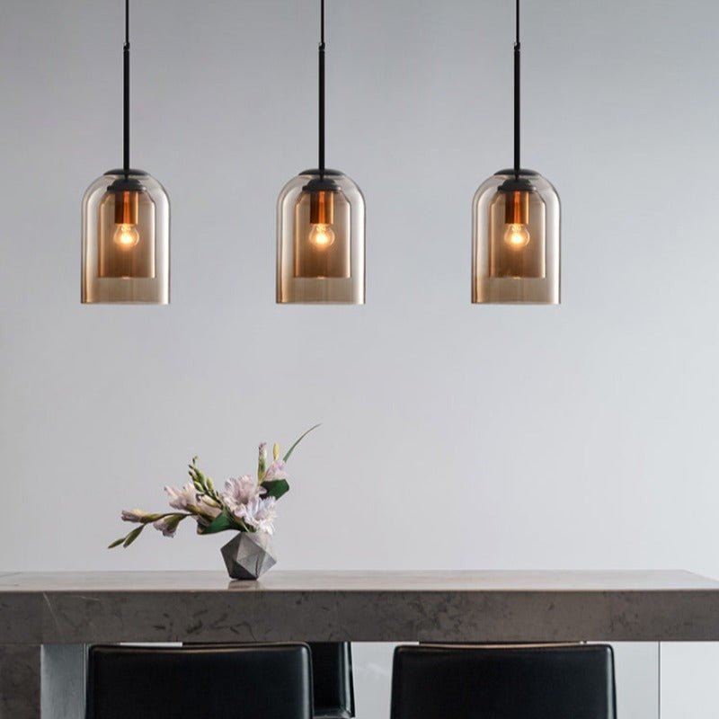 Mid-Century Double Glass Shade Iron Pendant Light