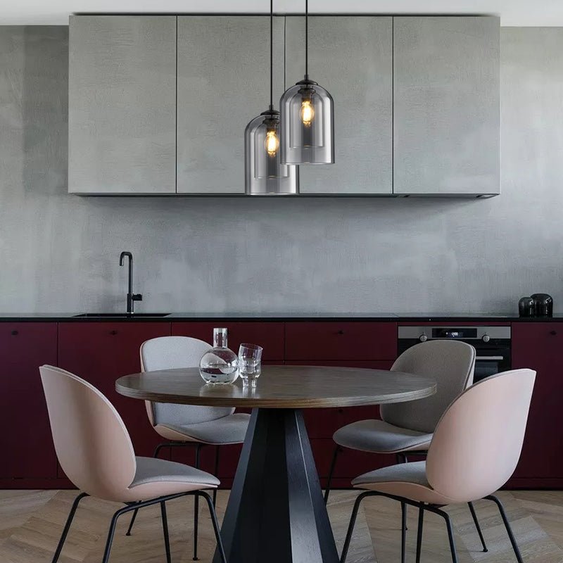 Mid-Century Double Glass Shade Iron Pendant Light
