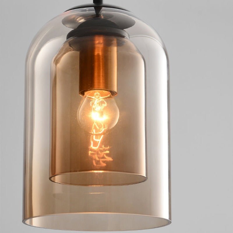 Mid-Century Double Glass Shade Iron Pendant Light