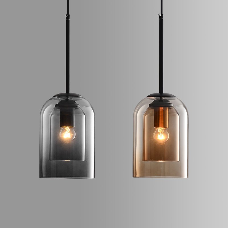 Mid-Century Double Glass Shade Iron Pendant Light