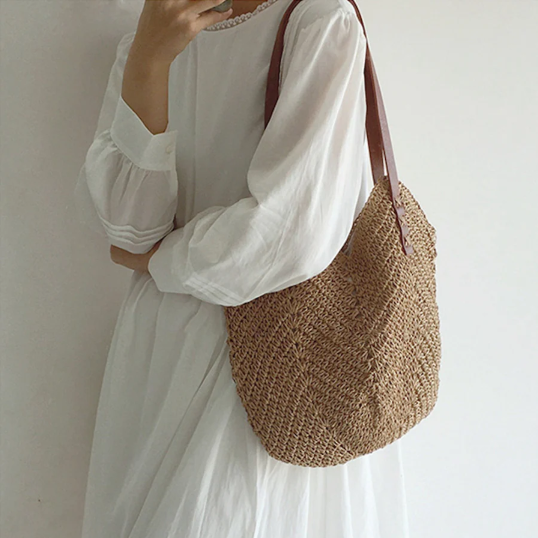 Woven Casual Adjustable Strap Spacious Shoulder Bag for Women