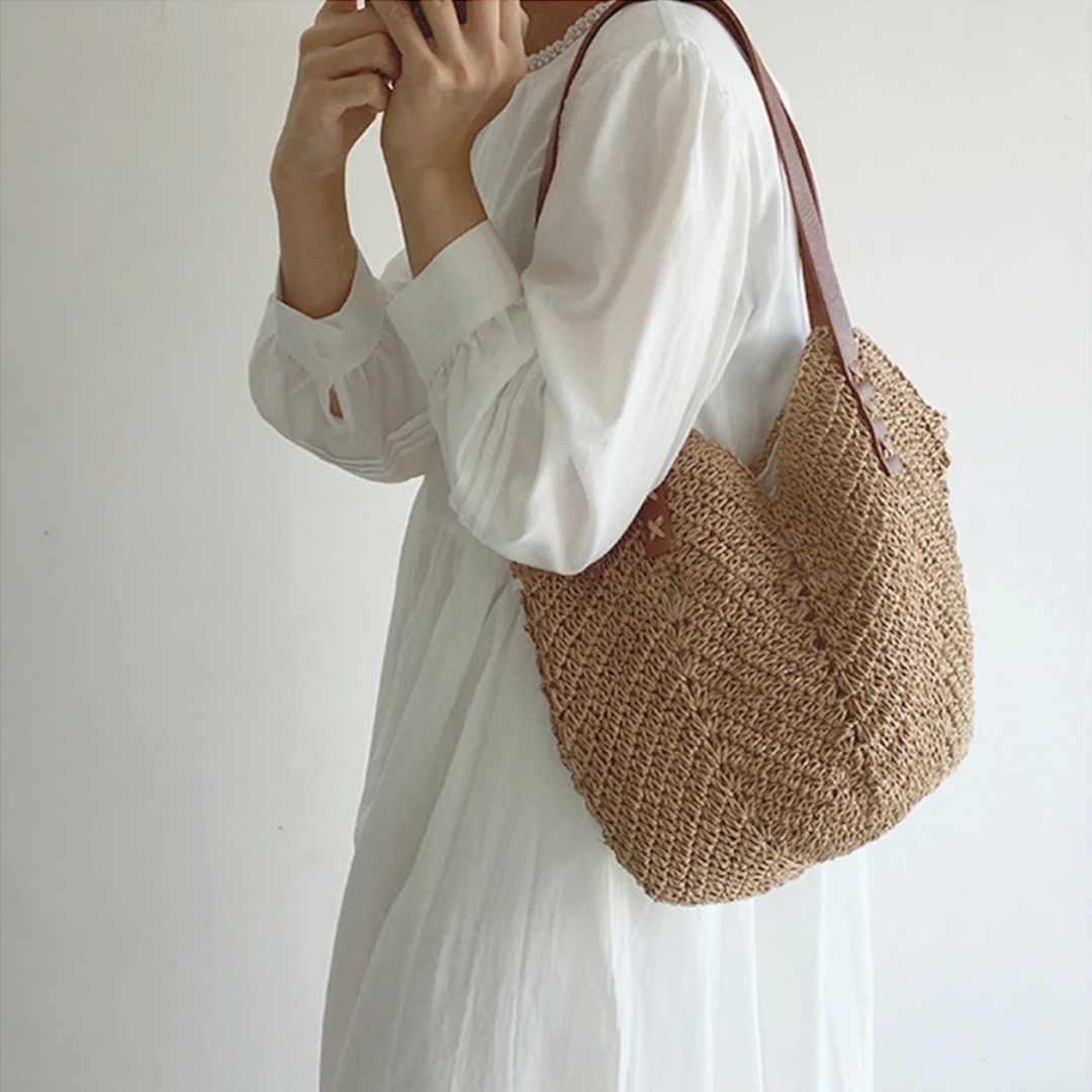 Woven Casual Adjustable Strap Spacious Shoulder Bag for Women