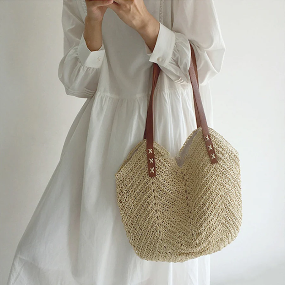 Woven Casual Adjustable Strap Spacious Shoulder Bag for Women