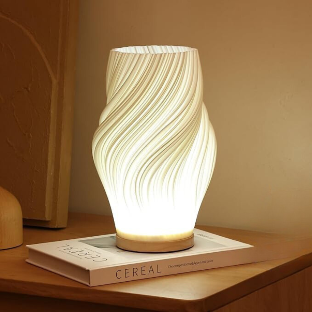 Sculpted Wave Shade Wood Base Dimmable Table Lamp