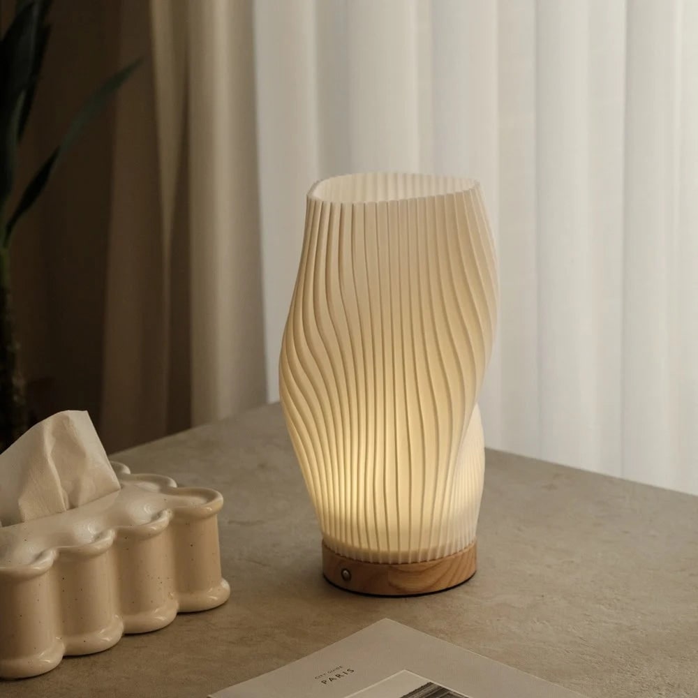 Sculpted Wave Shade Wood Base Dimmable Table Lamp