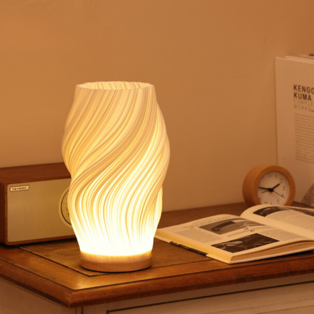 Sculpted Wave Shade Wood Base Dimmable Table Lamp