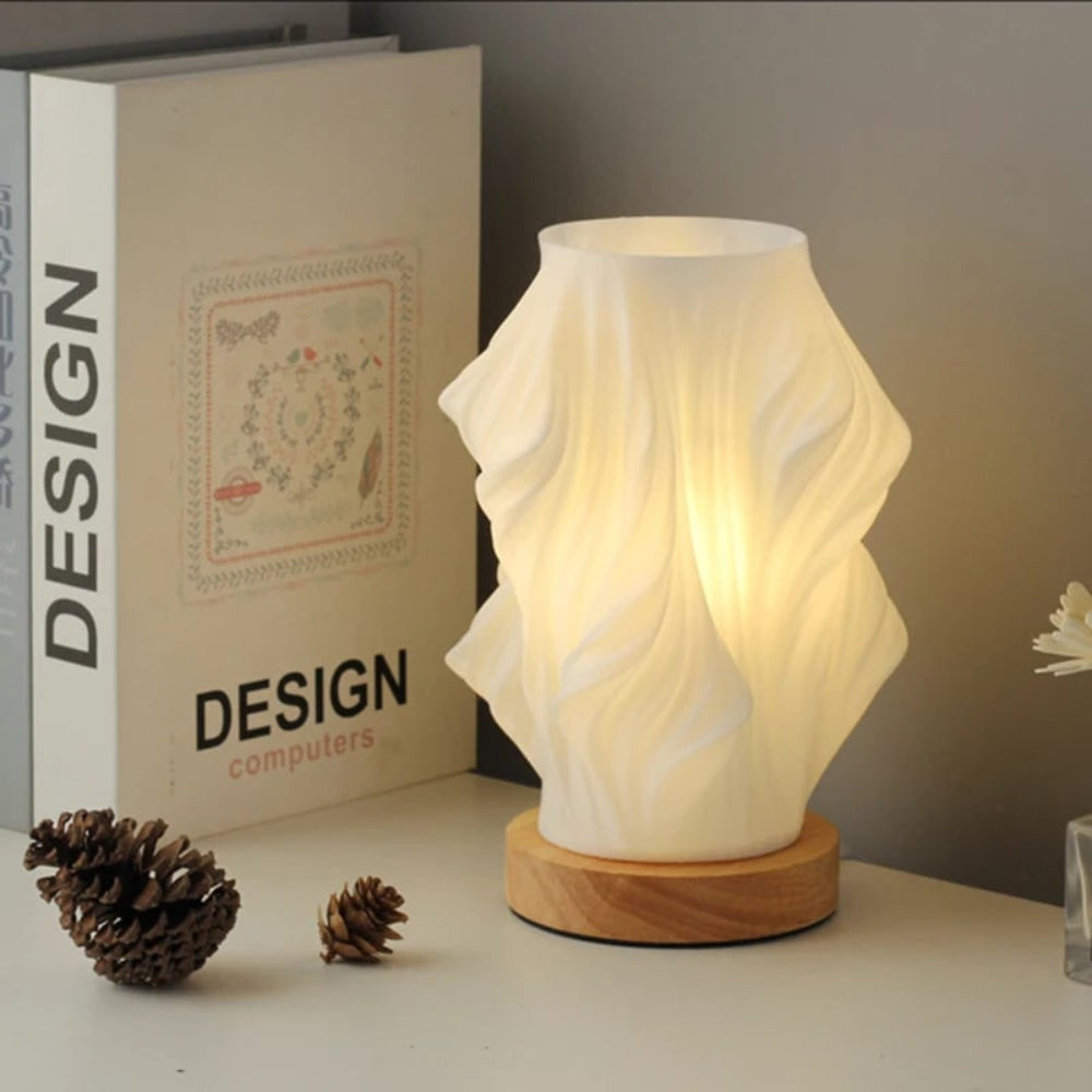 Sculpted Wave Shade Wood Base Dimmable Table Lamp