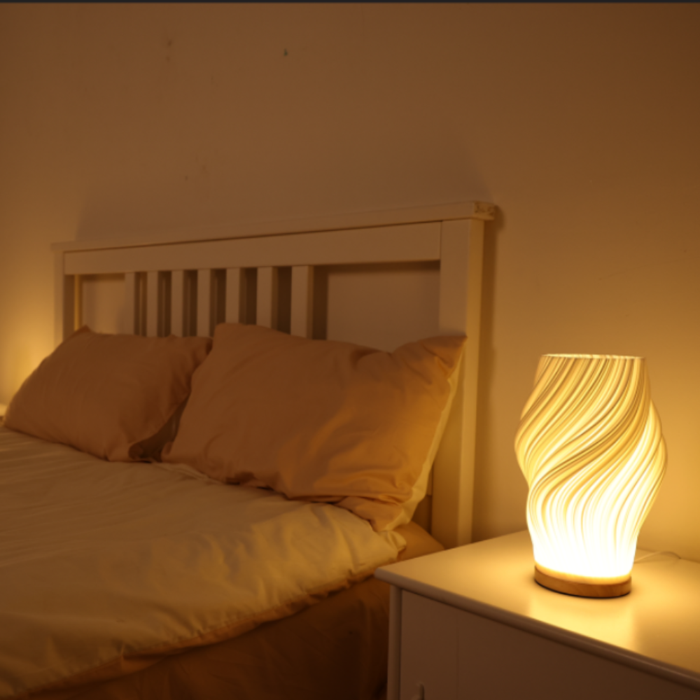 Sculpted Wave Shade Wood Base Dimmable Table Lamp