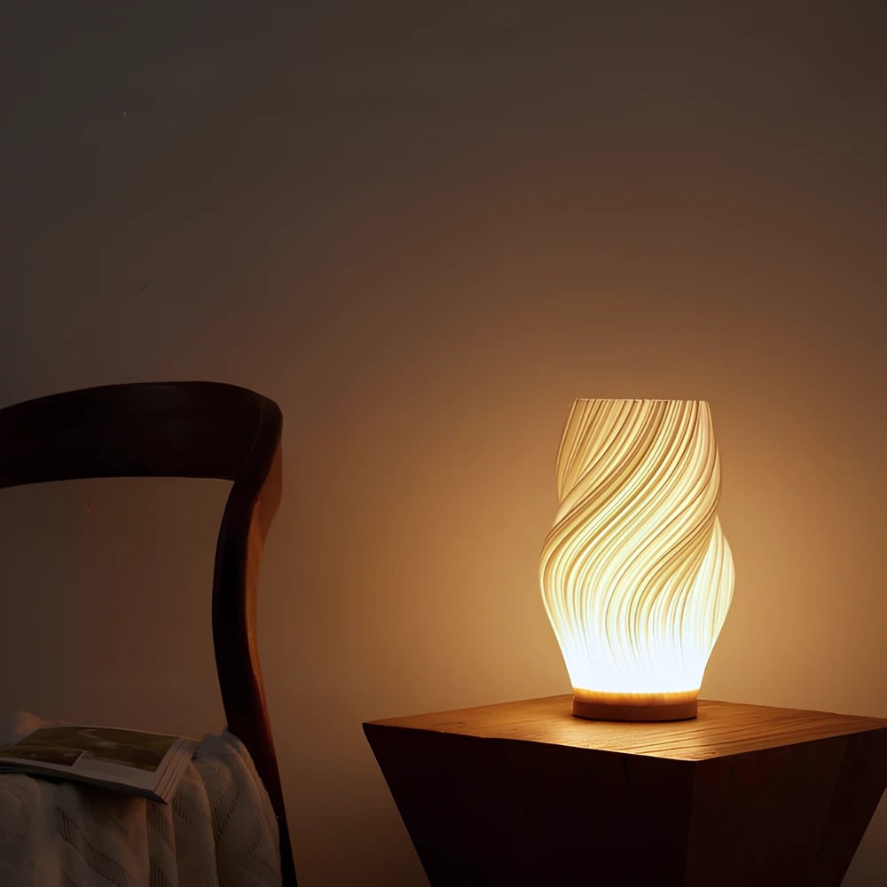 Sculpted Wave Shade Wood Base Dimmable Table Lamp